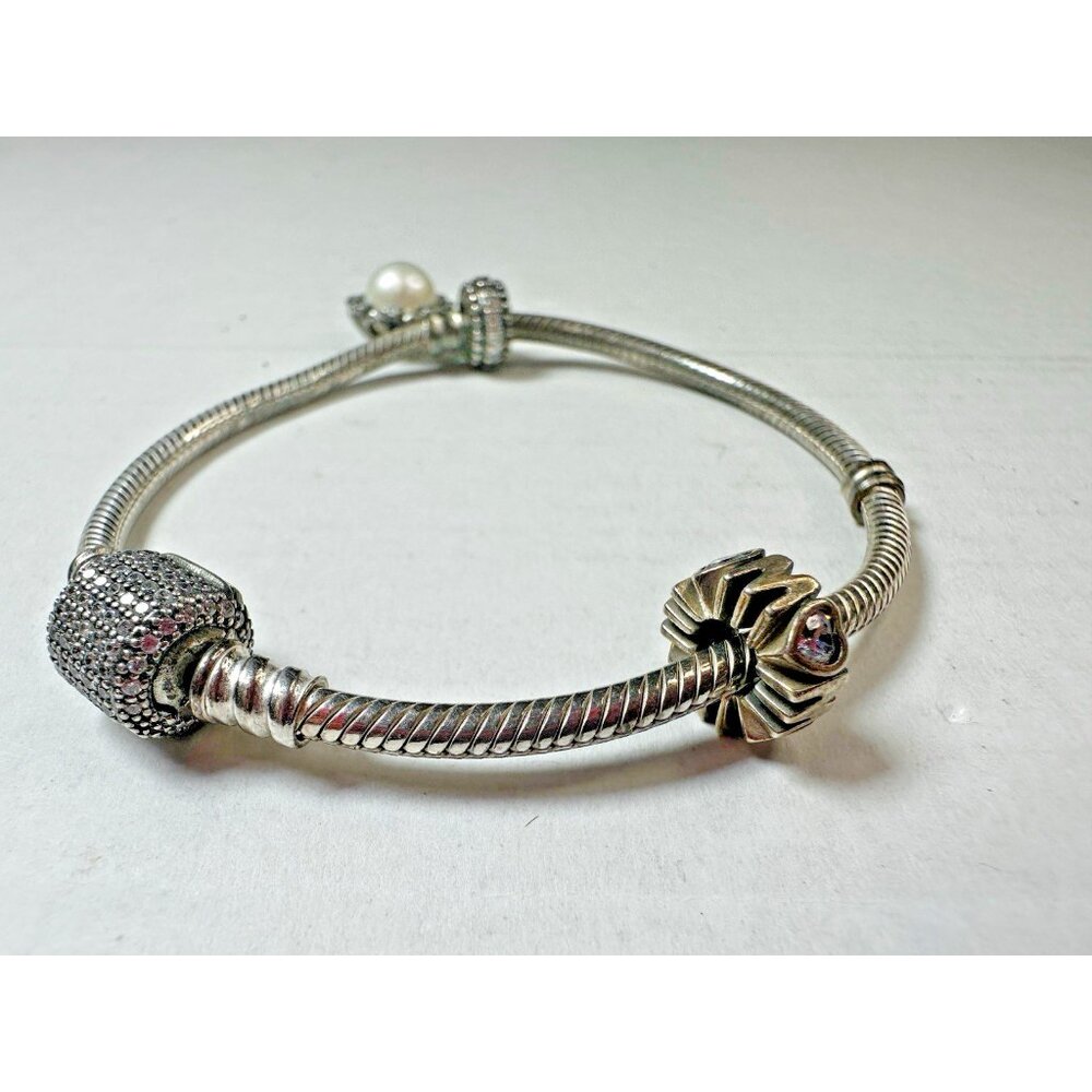 Pandora Bracelet Barrel Clasp Charms MOM and Everlasting Grace Dangle Silver